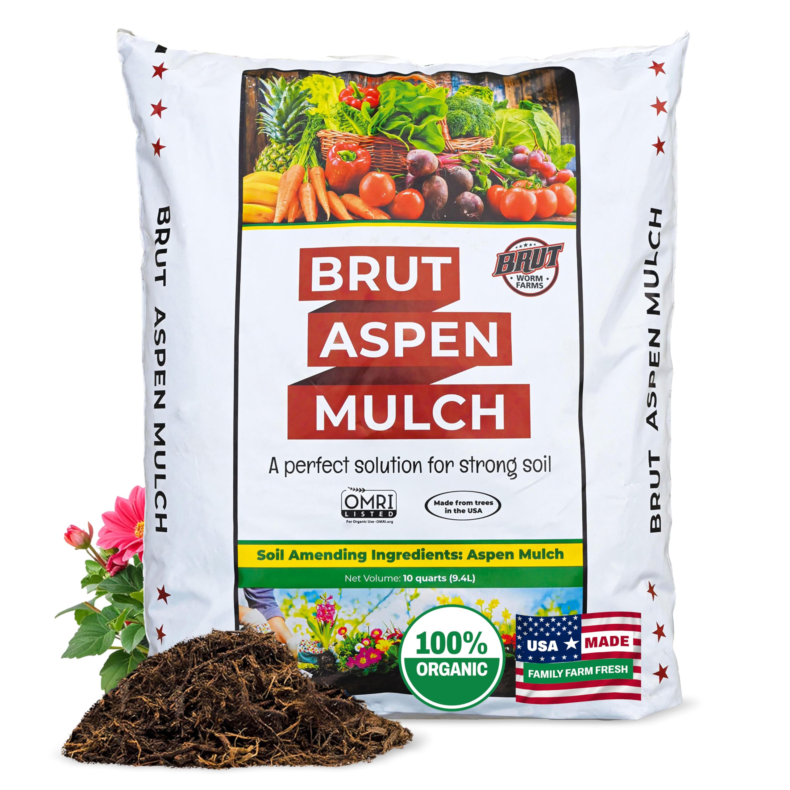 Brut Organic Aspen Mulch – 10 Quarts, Natural Moisture Retainer & Root Protector – Odor-Free, Nutrient-Rich Bark Mulch for Landscaping, Garden Beds & Potted Plants
