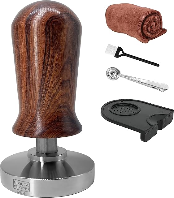 NEOUZA Calibrated Espresso 53mm Coffee Tamper Professional Press Hammer - Compatible with Sage/Breville 870 875 878 Flat Base 304 Stainless Steel with Spring Loaded Premium Wooden Handle
