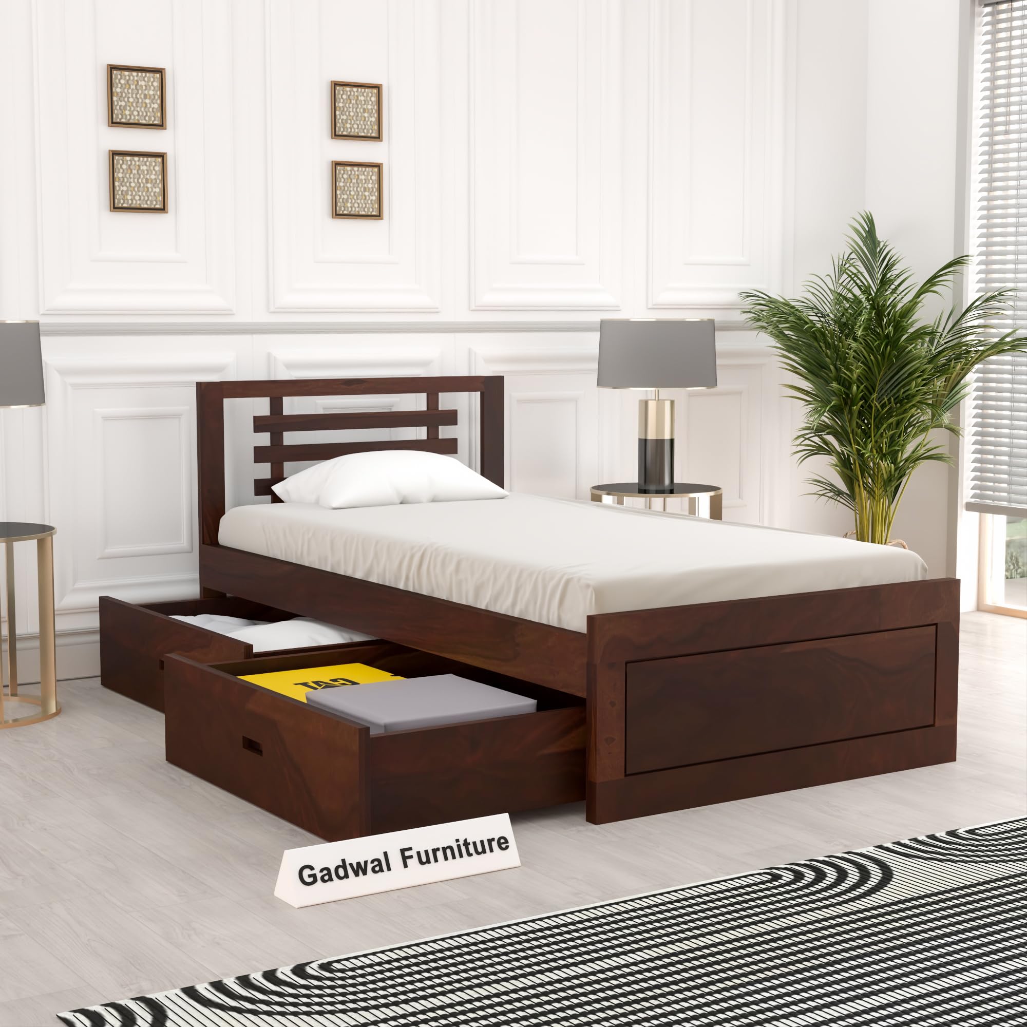 Solid Sheesham Wood Bed 6X4 Single Bed with Storage Drawer for Bedroom - Single Cot Wooden BedSingle Size for Living Room Guest Room - 12 Months Warranty (Walnut, 6X4 Drawer)-image-9