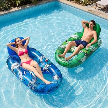 FindUWill 2 Pack Pool Floats Adult 65 x 42 Pool Lounger Float, Inflatable Chair Lounger Raft Floaties with Cup Phone Holder, Backrest for Pool Beach Party