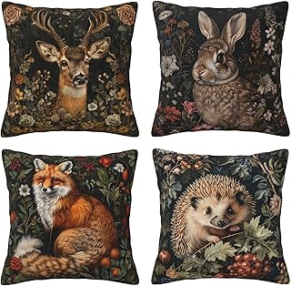 Vintage Forest Animals Pillows Cover Set of 4 Deer Fox Rabbit Hedgehog Decor Throw Pillow Covers Wildlife Pillowcase Cushion Case Pillow Decorative for Couch Sofa Home Office Outdoors 16x16 Inch