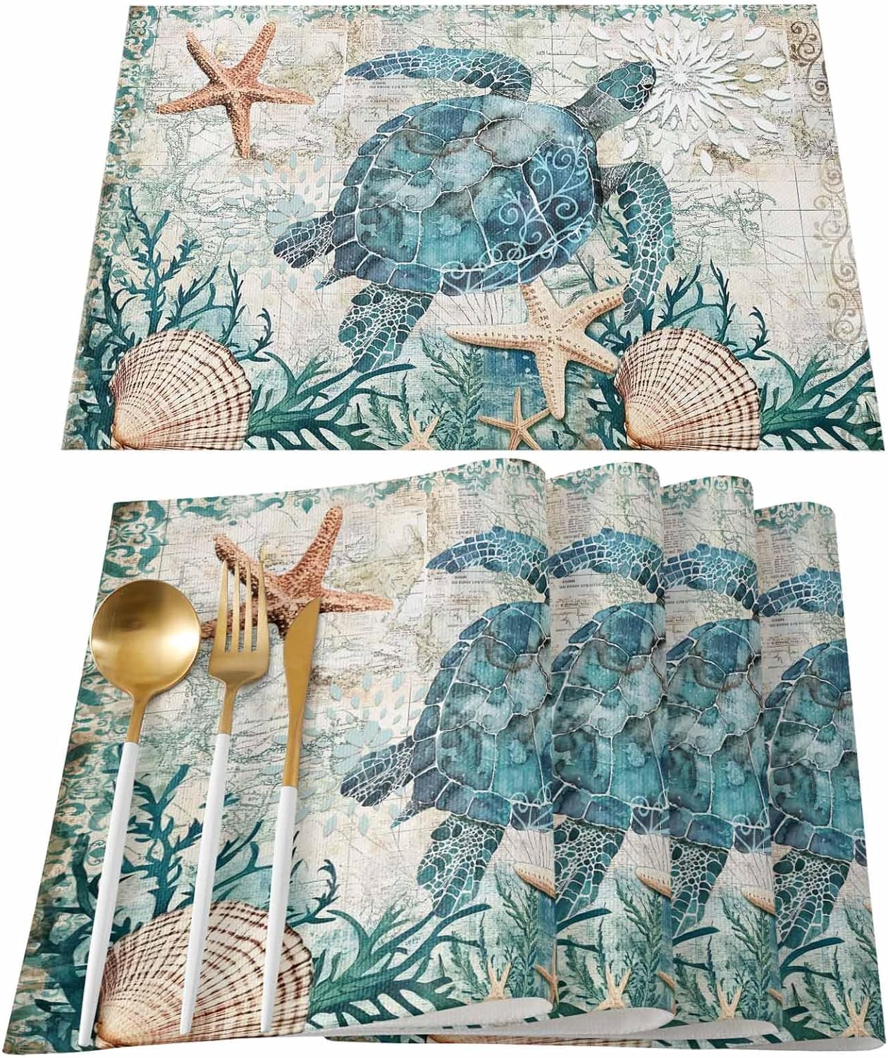 Sea Turtle Placemats Set of 6, Ocean Animal Nautical Themed Heat Resistant Placemat Washable Cotton Linen Table Mats Retro Party Holiday Decorations for Home Kitchen Dining Table Outdoor Indoor