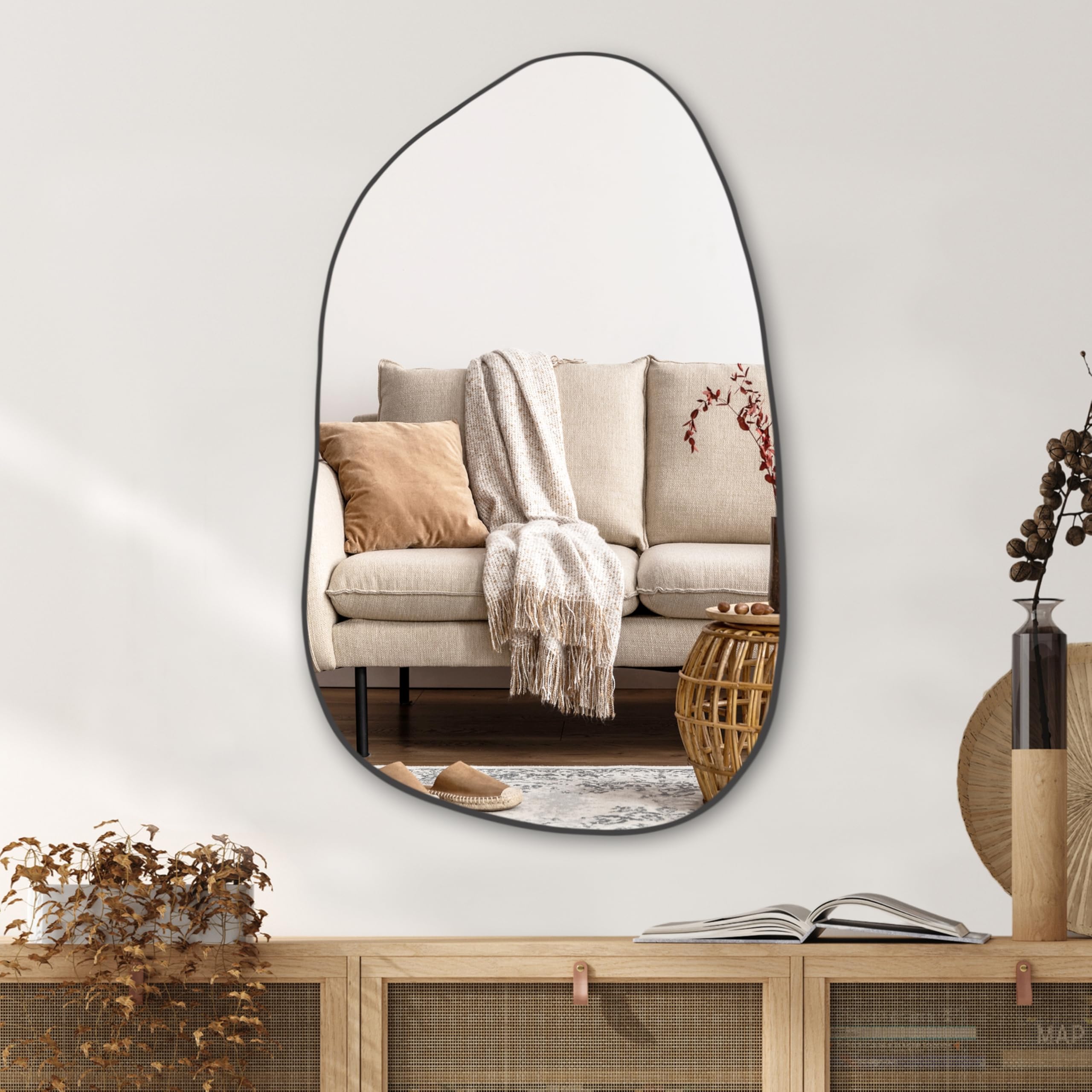 PERFNIQUE Irregular Asymmetrical Wall Mirror, 85cm x 52cm Modern Black Mirror, Boho Vintage Wall Decor for Bathroom Bedroom Living Room Entryway Fireplace, Wall Mounted (Black, 85cm x 52cm)