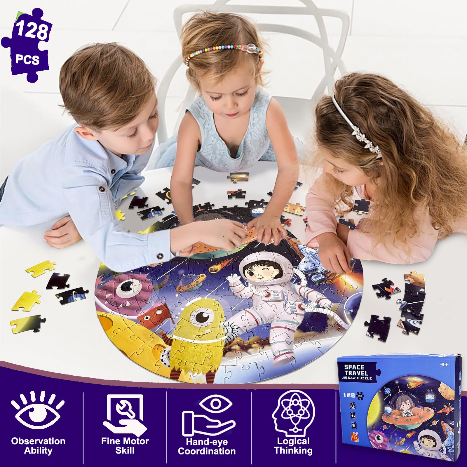 Kulveanju Puzzle Bambini 3 4 5 6 Anni, 128 Pezzi Puzzle da Universo Dirigibile, Grande Circolare Puzzle, Giochi Creativi Puzzle Regalo per Ragazzi e Ragazze 3-7 Anni, 42x42 cm