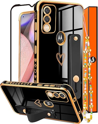 Likiyami Funda para Motorola Moto G Pure 2021 con diseño de corazón para mujeres y niñas, bonita y lujosa con soporte, corazones negros y dorados,