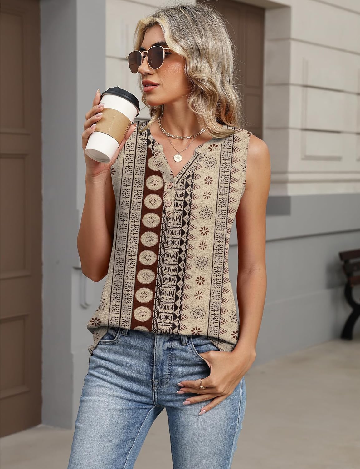 Micoson Tank Tops for Women 2026 Summer Casual V Neck Sleeveless Tops Loose Flowy Button Down Boho Tshirt - Image 4