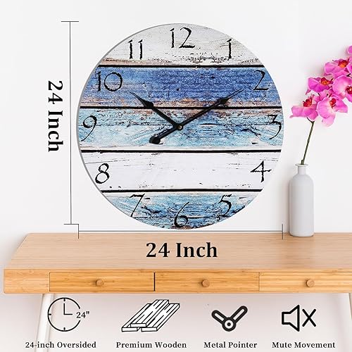 Miniatura 2 de Reloj de pared costero silencioso de 24 pulgadas, funciona con pilas, para sala de estar, cocina, reloj azul grande sin tictac para dormitorio,