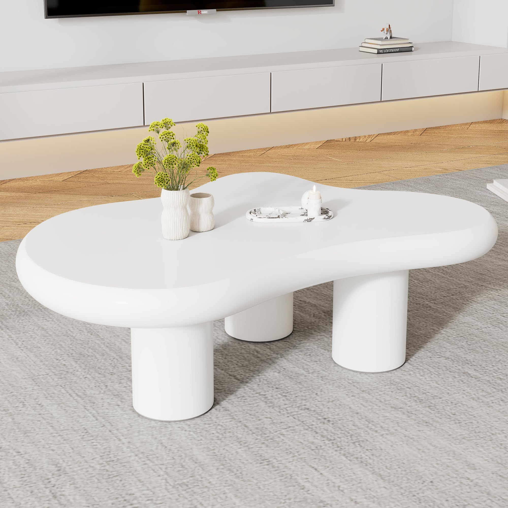 BTM Table Basse Irrégulière en Forme De Nuage, 97cm Longueur, 67cm Largeur, 32cm Hauteur, MDF avec Protège-Sols en Tissu, Surface Laquée, Table Créative