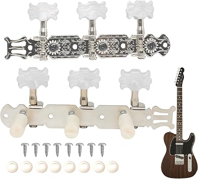 Guitar Machine Heads 3+3 Set for Classical Guitar, Silver Tuning Keys with White Agate Style Buttons, Gear Ratio 115, Guitar Tuners with Screws