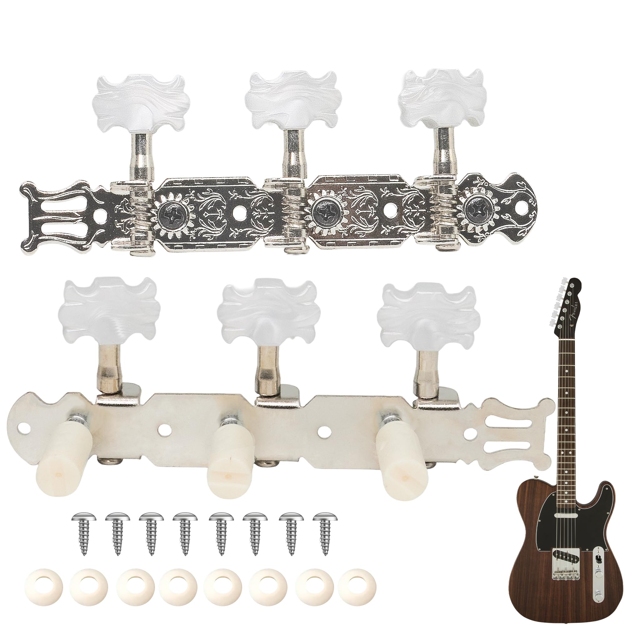 Mécaniques Guitare Classique 3L+3R avec Vis Incluses, Chevilles d’Accordage de Remplacement, Boutons Blancs Style Vintage, Rotation Fluide pour Guitare Classique
