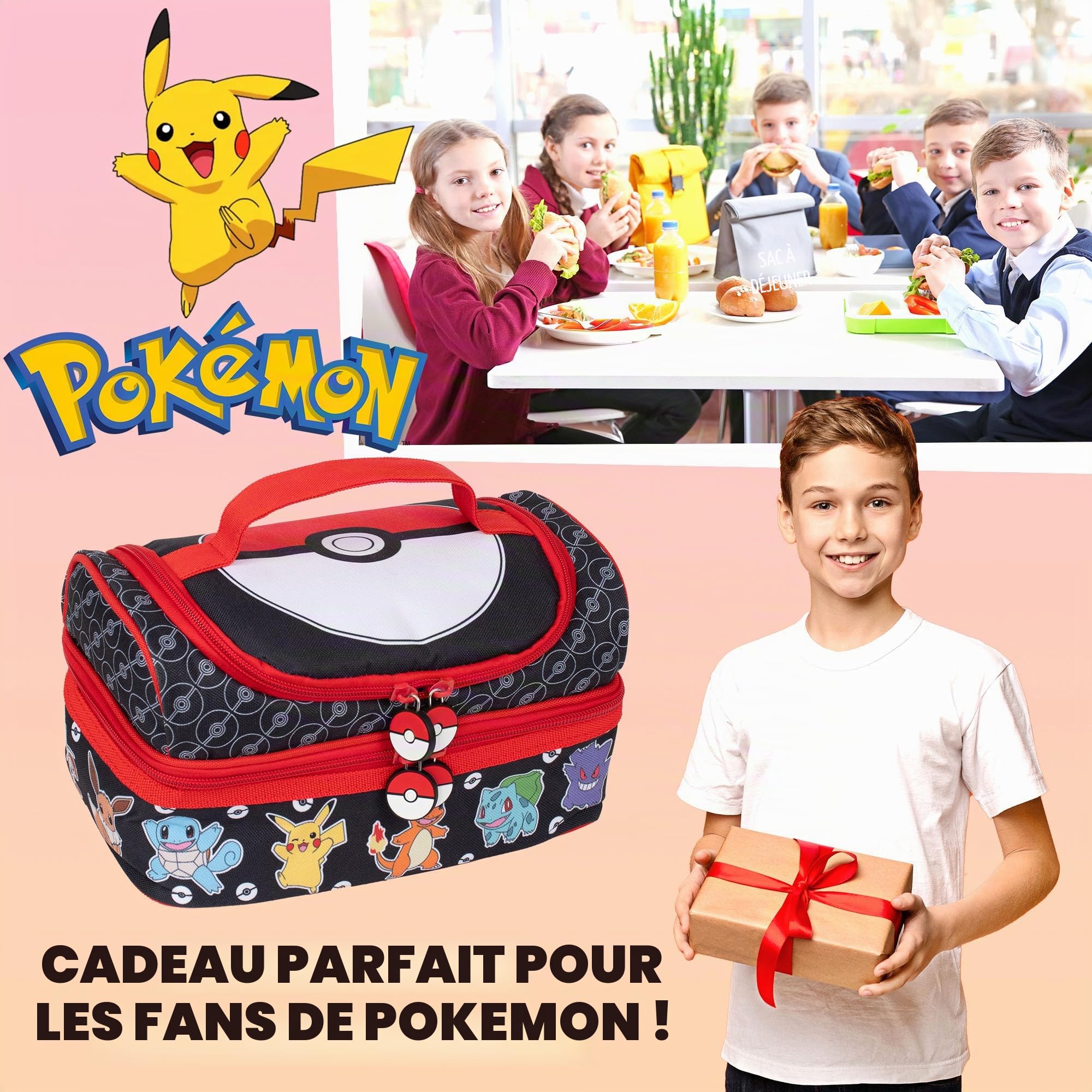 Pokémon Sac à déjeuner multi-compartiments pour enfants, isolation thermique, à double étage, pour garçons