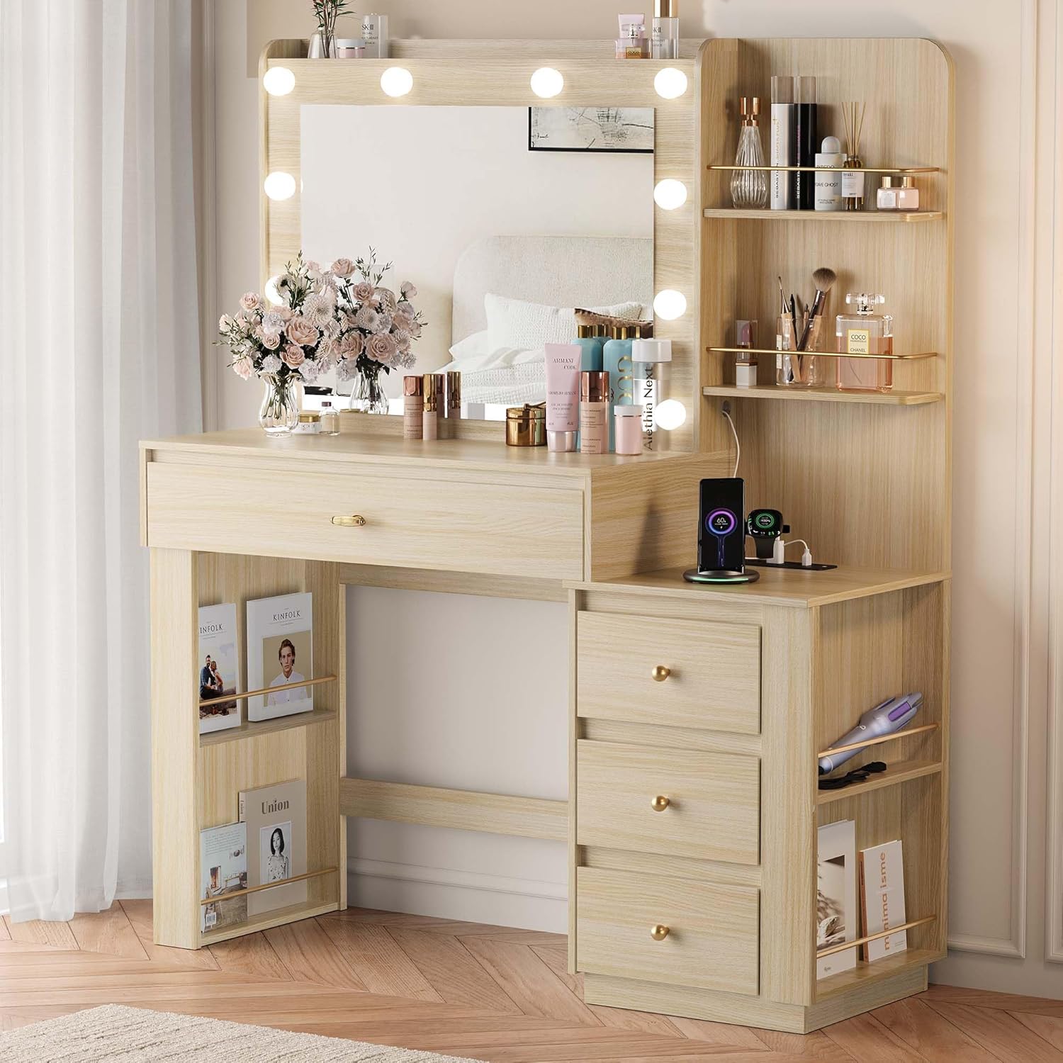 Makeup Vanity Desk with 3 Colors Lights and Mirror, Vanity Table with 10 LED Bulbs & Power Outlet, Large Dressing Table with 6 Storage Shelvess, 4 Drawer for Bedroom, Women and Girls, Oak