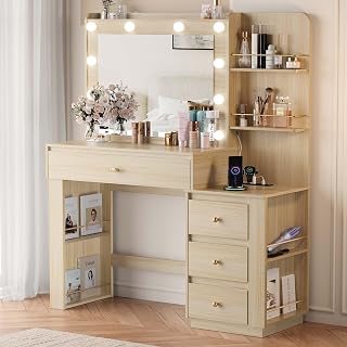 nesture Oak Makeup Vanity Desk with 10 LED Lights, Mirror, Power Outlet, 4 Drawers & 6 Shelves - Bedroom Dressing Table for Women & Girls