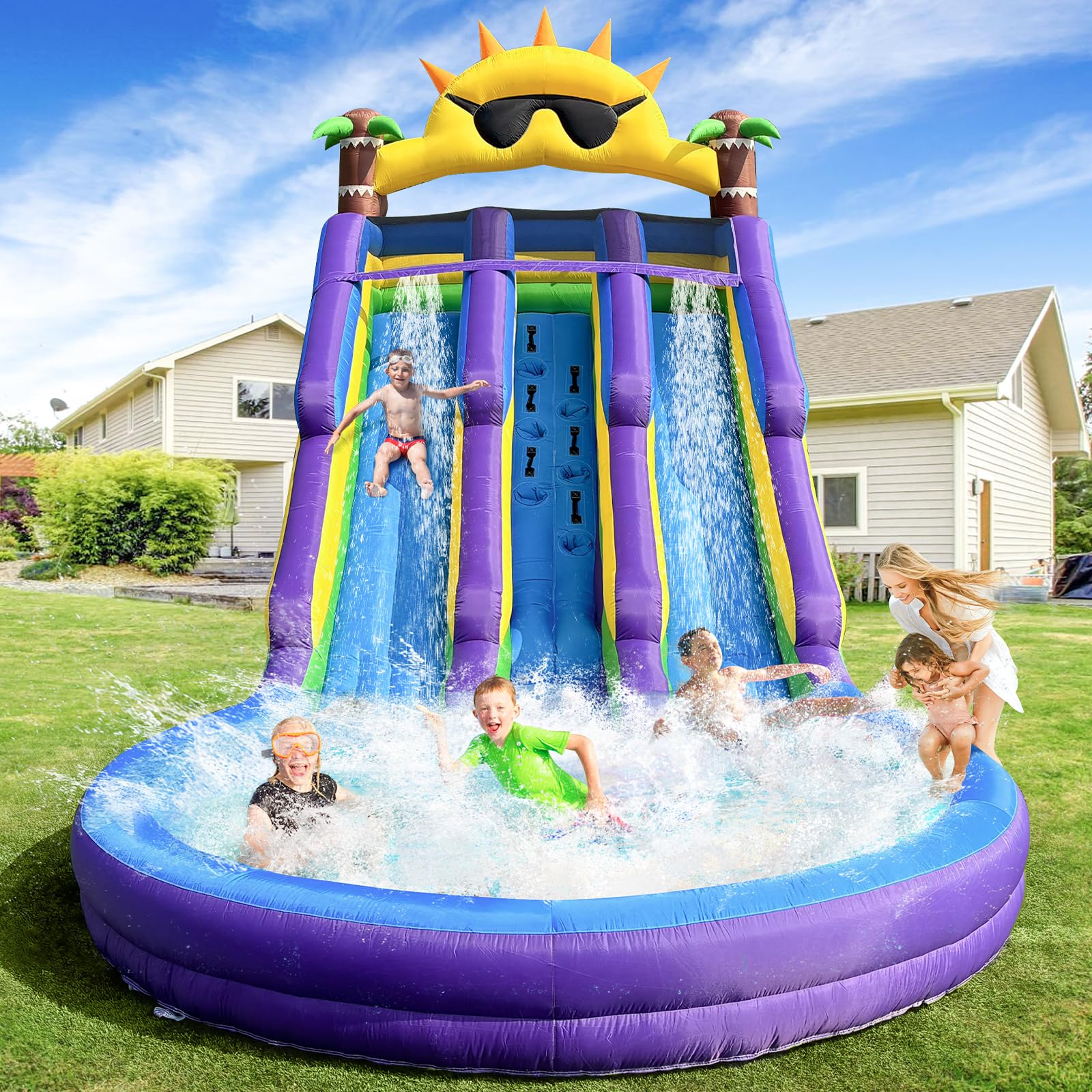 Photo 1 of GOFAFALO Inflatable Grade Double Water Slide for Kids and Adults with Big Splash Pool, 20.6 * 9.45 * 11.3FT Backyard Party Oxford Water Slide with Air Blower-Purple