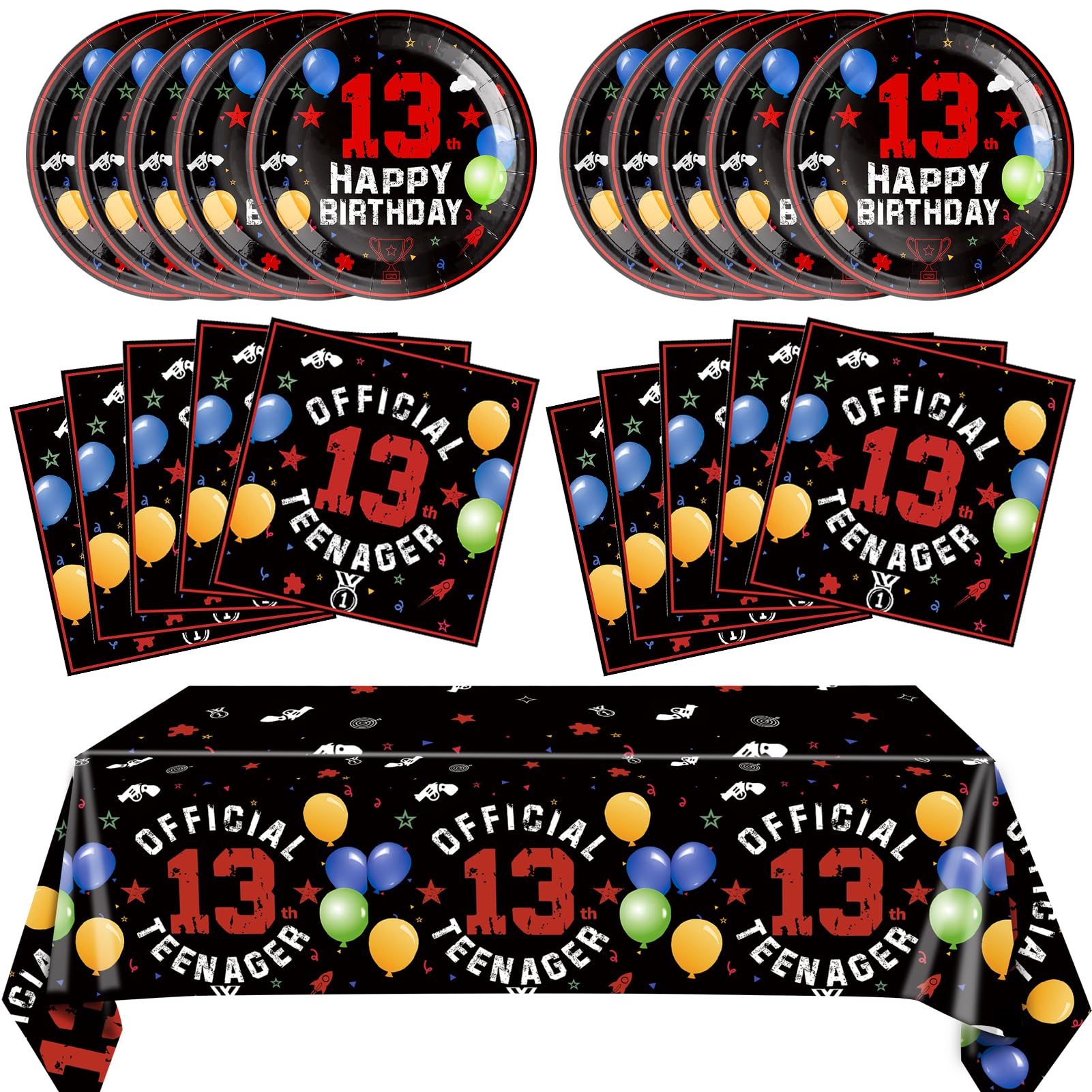 41PCS 13th Birthday Party Decorations ,Black&Red 13 Year Old Birthday Decorations Kit Including 13th Birthday Plates and Napkins,Tablecloth for Boys