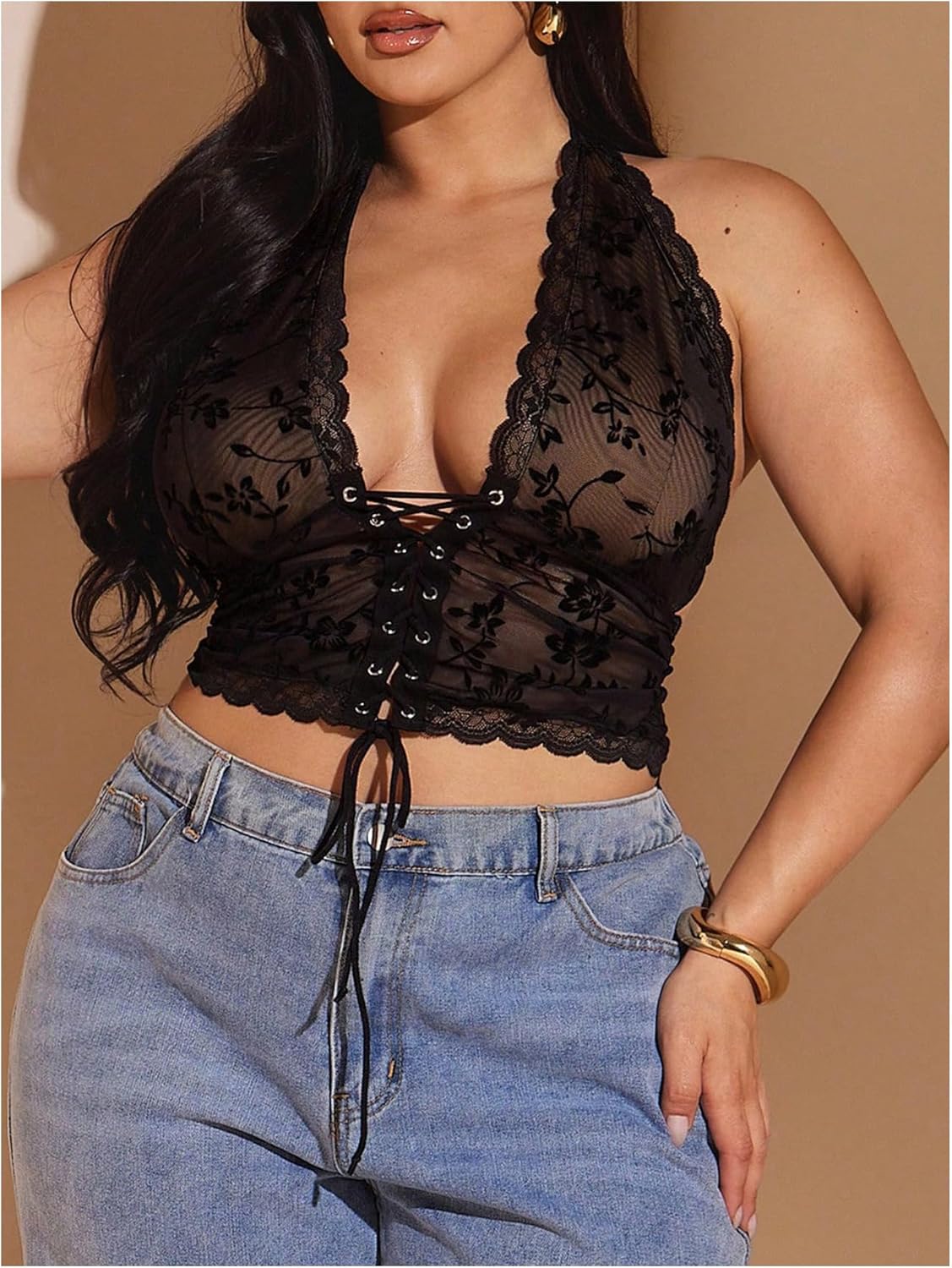 MakeMeChic Women's Plus Size Lace Sheer Halter Crop Tops Deep V Neck Open Back Lace Up Party Corset Tops - Image 4