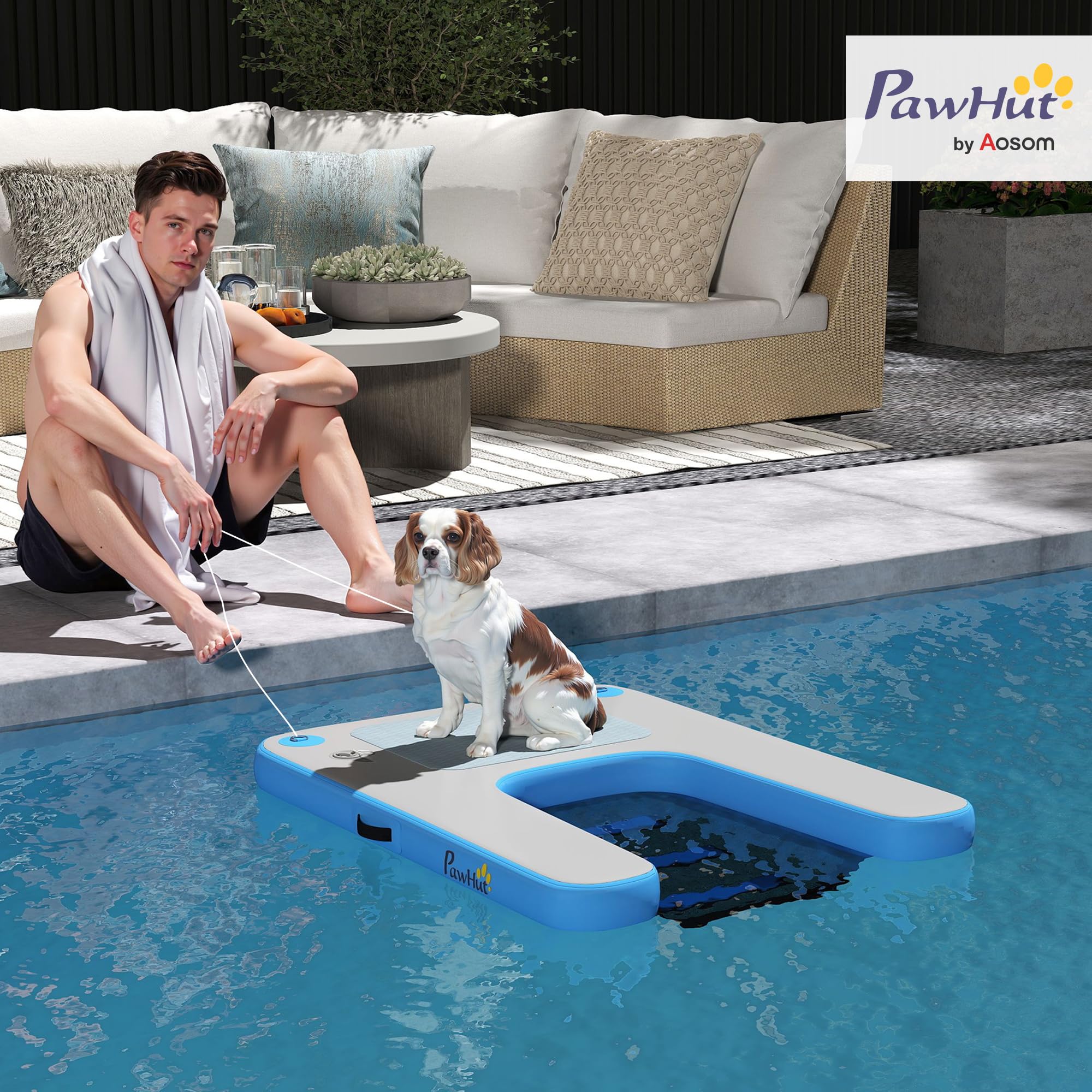 PawHut Rampe Gonflable de Radeau pour Chien antidérapante Bleu et Gris | Plate-forme flottante de sports nautiques, échelle flottante pour piscine, lac, bateau