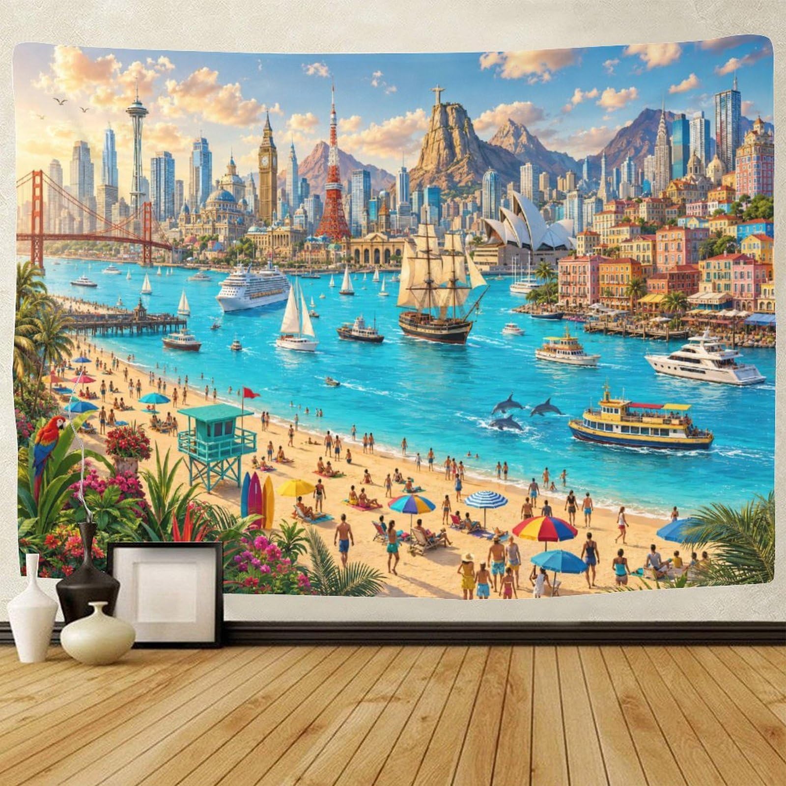 GPMNBCXZK World Famous Landmarks Collage Tapestry for Bedroom 3D Print Wall Hanging Decor Tapestries Poster Home Decoration Bedroom Dorm 150cmx200cm