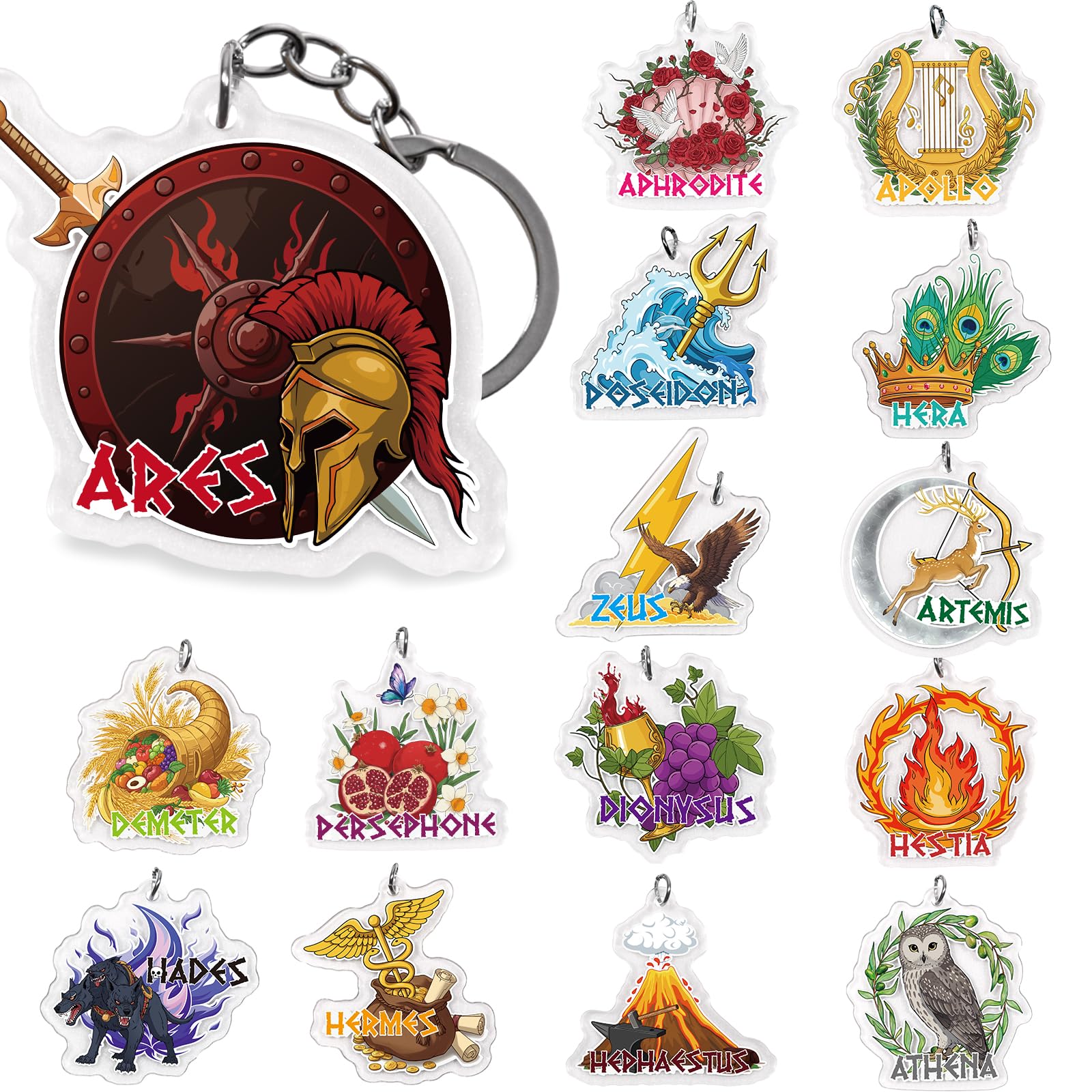 Htabiol Greek Mythology Keychain, 15pcs Olympian Gods Symbol Keychains, Greek Mythology Party Favors Gifts, Olympian Gods Accessories, Suit for Percy