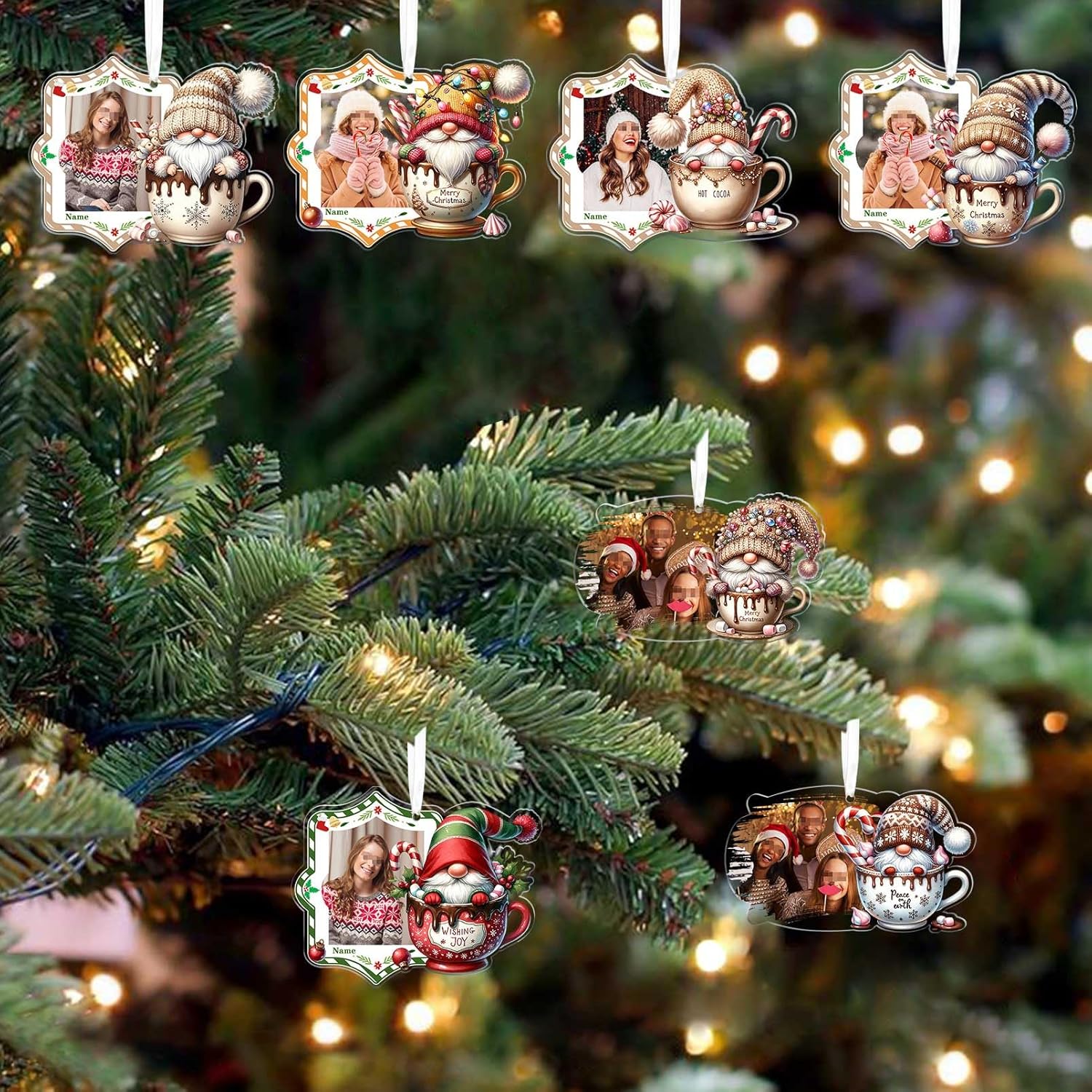Custom Photo Red Coffee Color Christmas Ornament Gift for Tree Decor Personalized Acrylic Gnome Coffee Mup Christmas Hanging Decoration Bar Xmas for Tree Home(Set of 7)