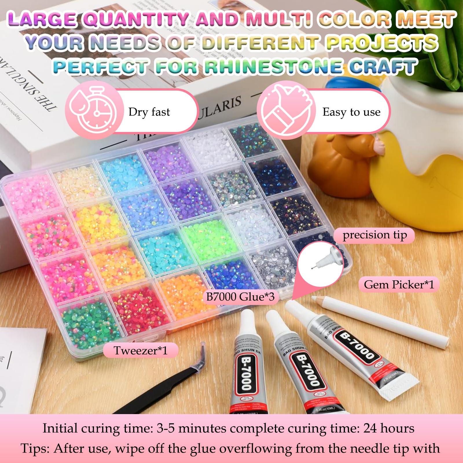 Multicolor High-Gloss Resin Flatback Rhinestones (3mm) with 3Pcs B7000 Jewelry Glue - DIY Bedazzling Kit for Diamond Art, Nail Art & Crafts (0): 24000