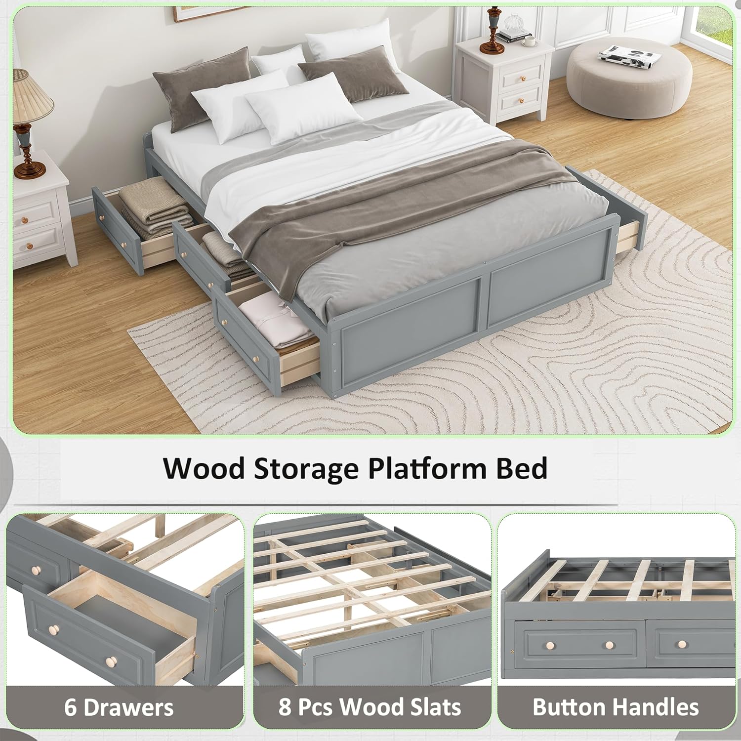 Bellemave Queen Size Solid Wood Storage Bed with 6 Drawers - Modern Platform Bed Frame with Underbed Storage, Grey