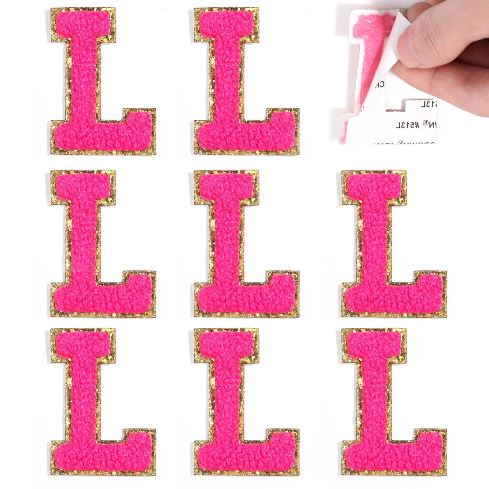8 Pcs Self Adhesive Chenille Letter Patches for Bags，Yumttero 2.16 inch Letter Patches for Clothes Dress Jeans Hats, Letter Stickers for Laptop Phone Case Fridge DIY Accessories,Rose Red L