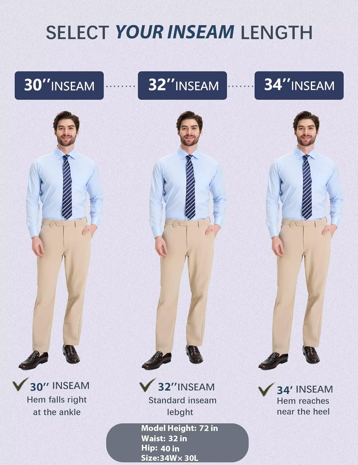Mens Golf Pants Stretch Work Dress 30"/32" Water-Resistant Quick Dry Chinos Trousers with Pockets for Business Travel