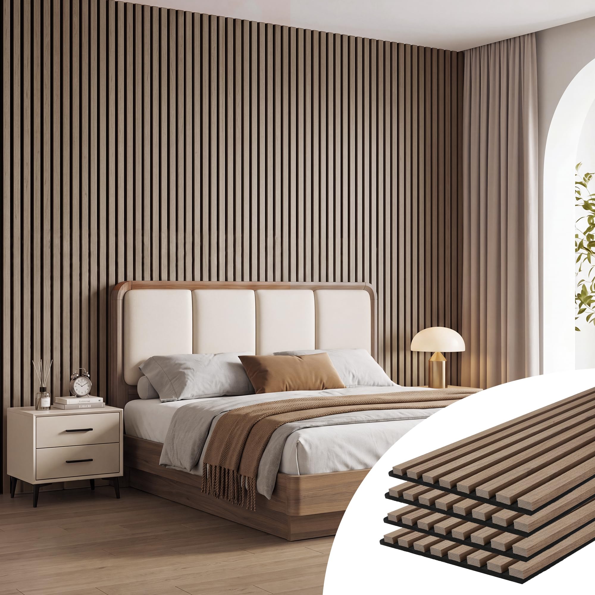 108" x 12.6" Wood Slat Wall Panels for Interior Wall Decor, 4-Pack, Walnut | Covers 37.8 Sq Ft 0.85” Thick 3D Fluted Wood Grain Finish Sound Absorbing Paneling for Living Room, Bedroom Easy Installation