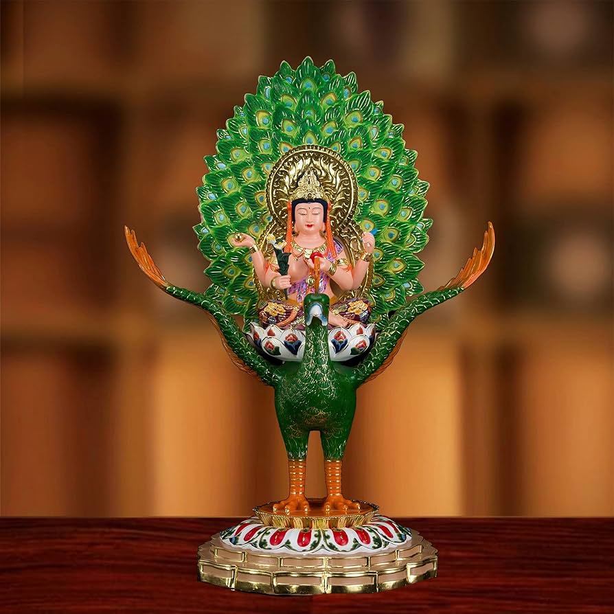 Amazon｜仏像 孔雀明王 総高28cm 孔雀王母菩薩 尾羽光背孔雀台