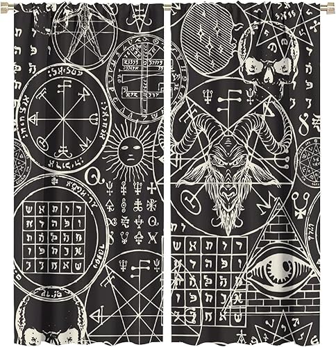 Vista 155 de Cortinas de cabeza de cabra, misteriosa cabeza de cabra malvada, calavera negra, bolsillo para barra, cortinas opacas para ventana, juego de 2