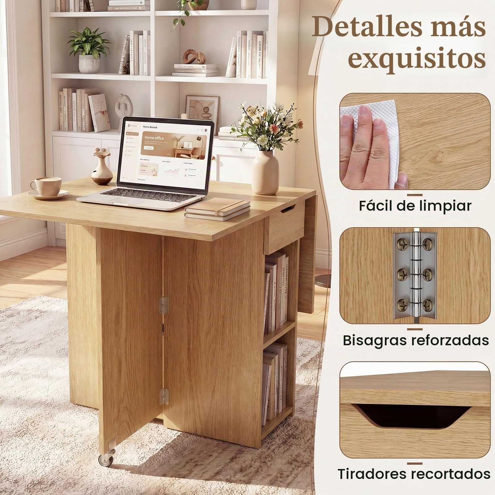 GIANTEX Mesa de Comedor Plegable, Mesa de Cocina Móvil con Alas Abatibles, 1 Cajón y 2 Estantes Abiertos, para 2-4 Personas, Ahorra Espacio, 120x72x75cm, para Comedor, Salón, Dormitorio (Natural)
