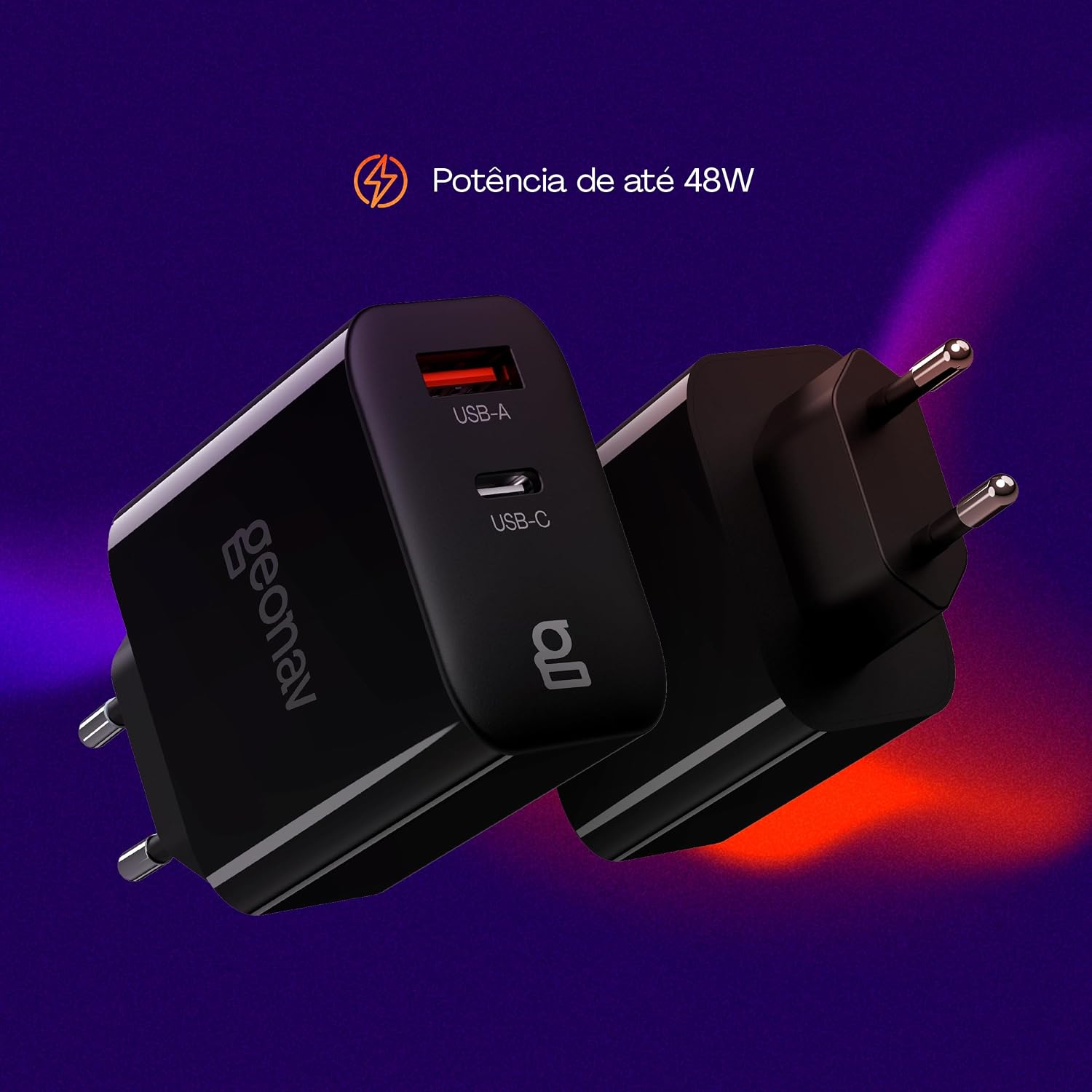Geonav Carregador Universal SuperPower GaN Duo, 48W, 1 X USB-A e 1 X USB-C - tecnologias Quick Charge, Power Delivery, PPS