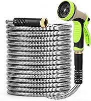 UNCO 25ft Stainless Steel Metal Garden Hose - Heavy Duty, No-Kink, Lightweight, Puncture-Proof with 10-Function Nozzle & 3 Extra Washers