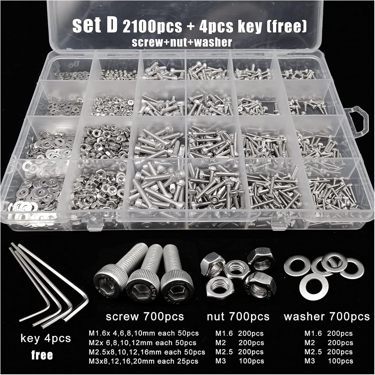 YANGQI yaoqijie Total 400/650/1140/2100X M1.6 M2 M2.5 M3 M4 M5 304 Stainless Steel Hexagon Hex Socket Cap Head Screw Bolt Nut Set Assortment Kit Lasting (Color : Set A 400pcs)