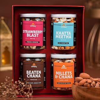 Omay Foods 4 Pcs Supreme Treats Healthy Gift Box | Diwali Gift Hamper, Corporate Gift, Room Hamper, Employee Diwali Gift, Personal & Bulk Corporate Gifting I Oil-Free Roasted Snacks