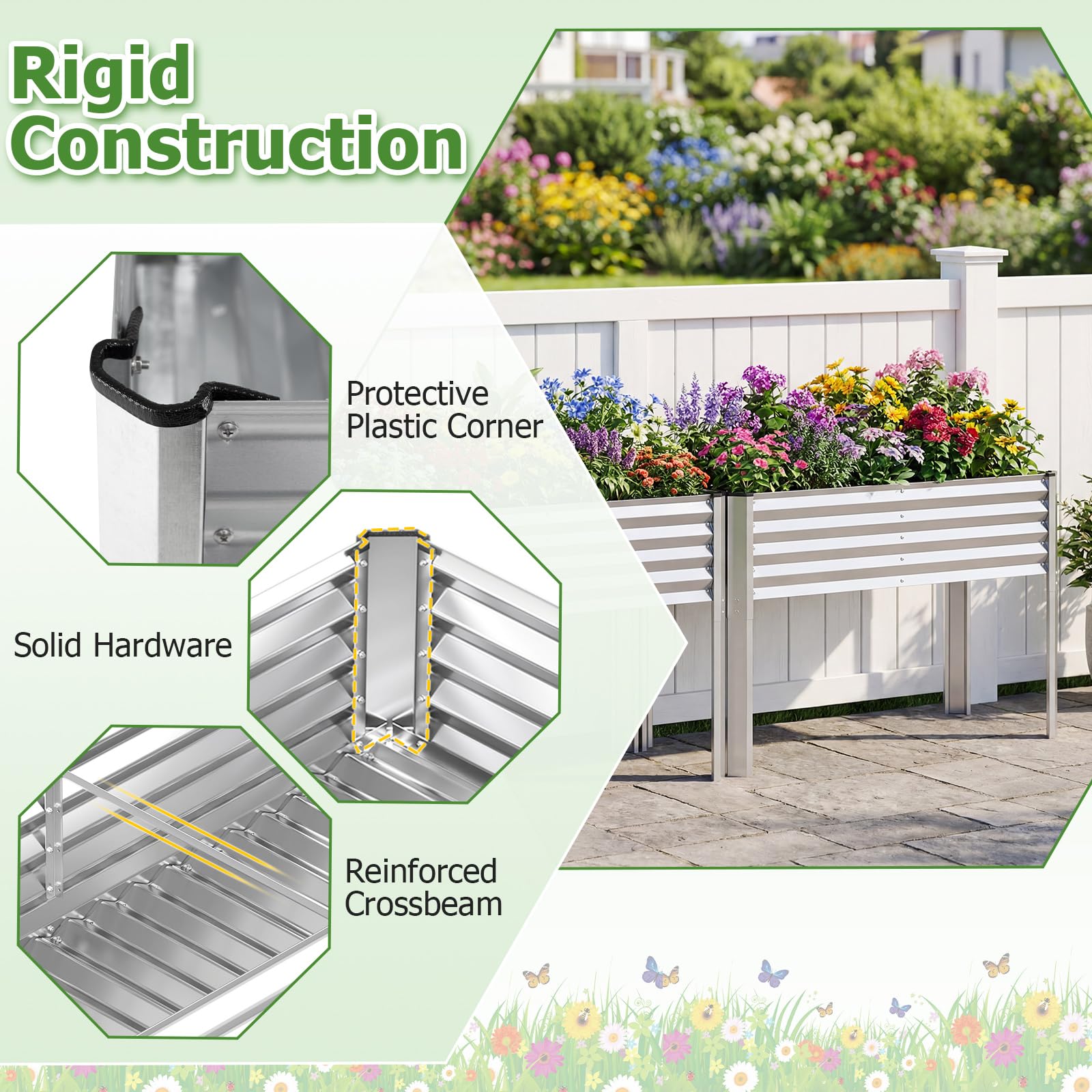 FANTASK Jardinière surélevée en métal - 118 x 60 x 77,5 cm - avec système de Drainage jusqu'à 50 kg - pour légumes, Fruits, Fleurs, Herbes, Balcon, Jardin, terrasse - Argenté