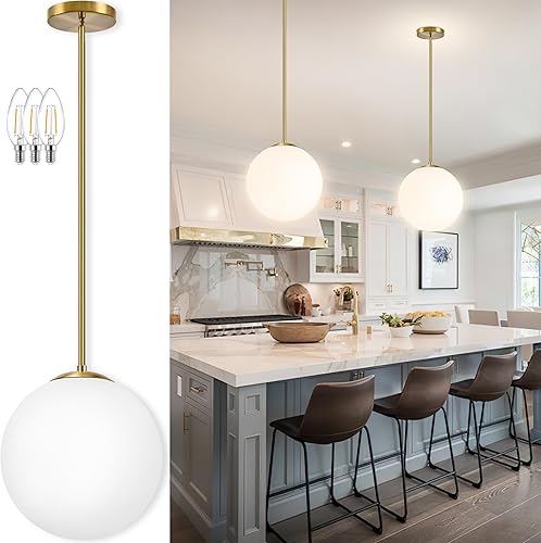 Miniatura 26 de Lámpara Colgante de Globo de 6" Dorada Lámpara Colgante de Mediados de Siglo Luces Colgantes de Globo para Isla de Cocina Acabado en Latón Cepillado