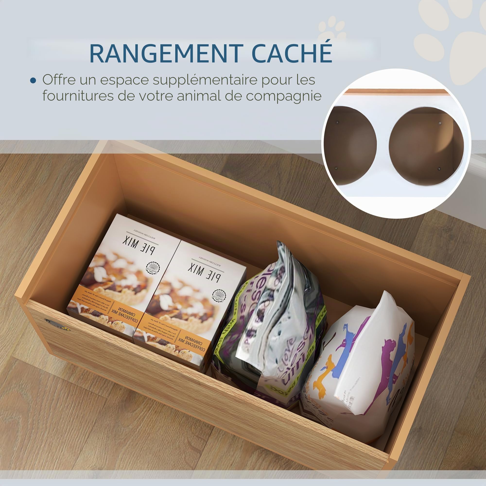 PawHut 14" H Support surélevé gamelles Chien Grands Animaux Chêne | Station d'alimentation, bol anti-glouton amovible, 2 gamelles inox pour nourriture et eau, rangement