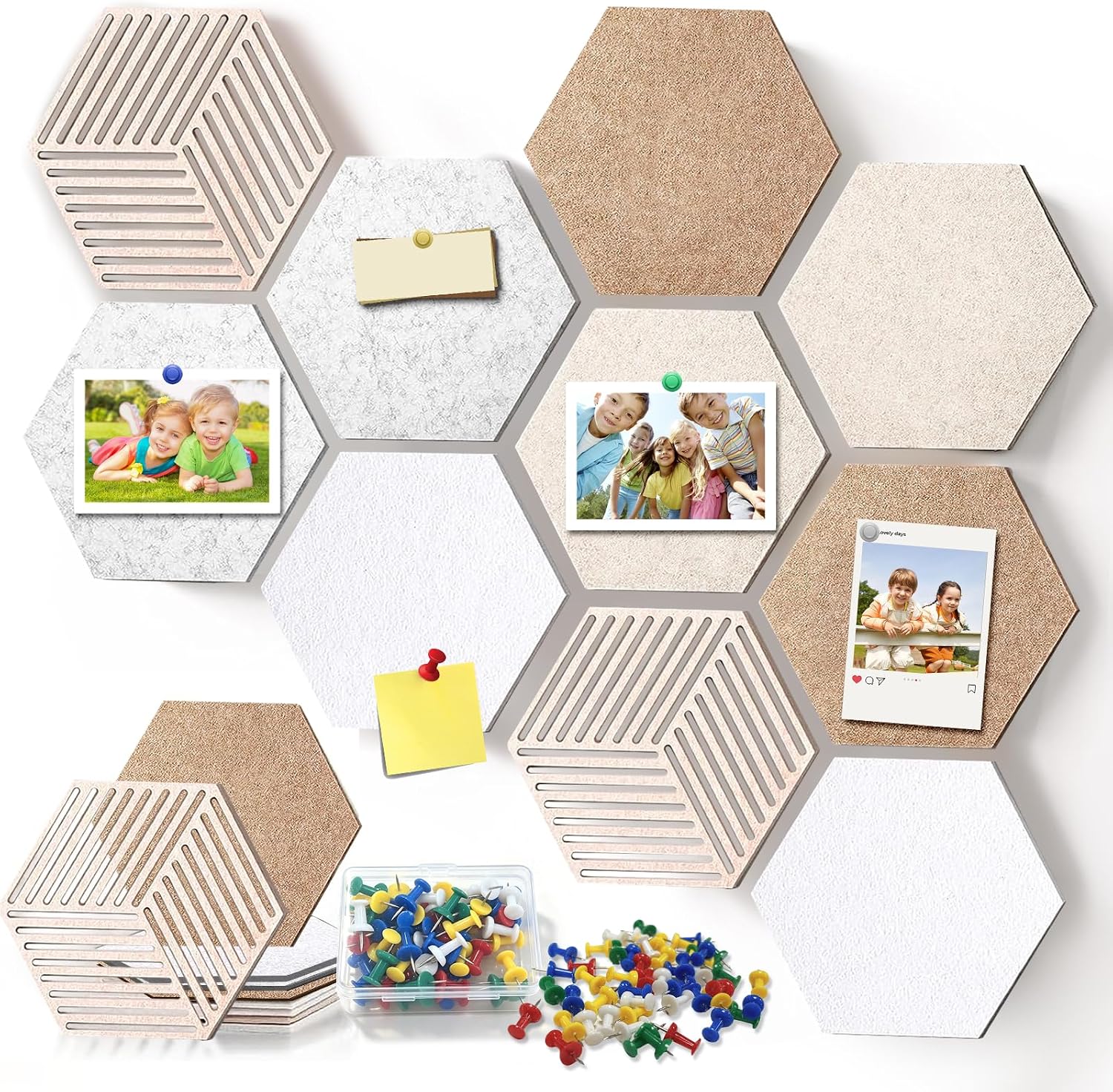 12'' Medium Hexagon Felt Cork Board Tiles Alternative, 10 Pcs Self-Adhesive Cork Bulletin Board Tiles with 50 Colorful Pushpins, Frameless Corkboard Sound Absorbing Pin Boards for Walls & Photos