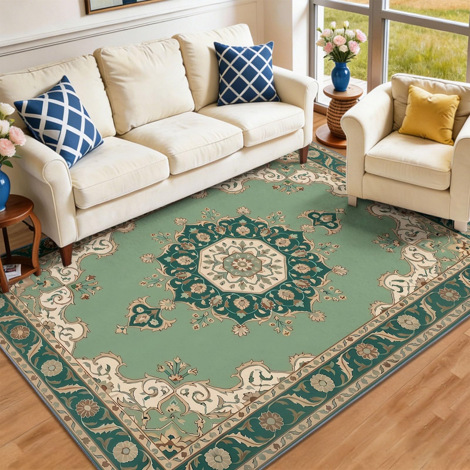 Persisch Vintage Achteckige Geometrie Schnörkelornament Waschbarer Schlafzimmer Teppich 120 x 170 cm - abwaschbar rutschfest Weich - Teppich für Wohnzimmer Esszimmer Büro Kinderzimmer