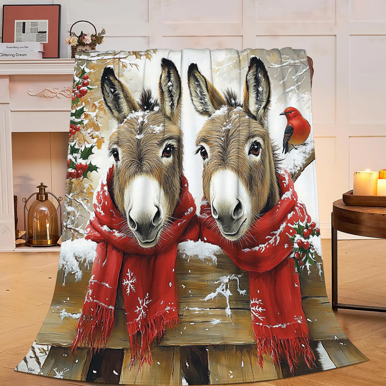 Uiamt Girls Donkey Winter Blanket Christmas Snow Flannel Plush Throw Blanket Cozy Cute Farm Animal Decor Fleece Stuff Blanket Gifts For Lover Boys Kids Adults Women Bed Travel 40"X50"
