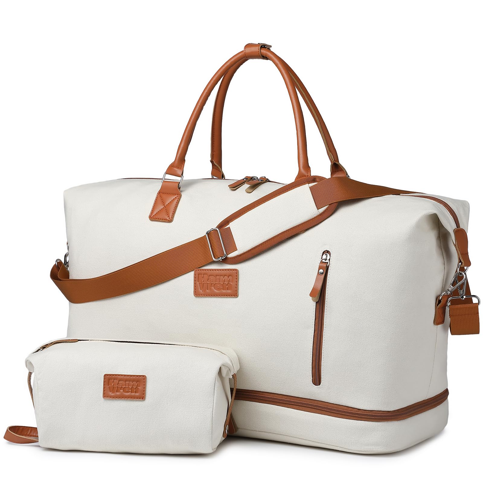 Haimyren Travel Overnight Bag for Women - Canvas Weekender Bags for Traveling, Carry On Hospital Bag, Travel Duffle Bag with USB Charging Port, Large Capacity Travel Gym Bag (Beige)