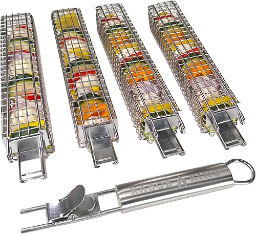 KABOB KING - Cestas para asar Kabob - Juego de 4 con mango desmontable - Diseño mejorado - Cestas de parrilla de acero inoxidable nuevas y mejoradas