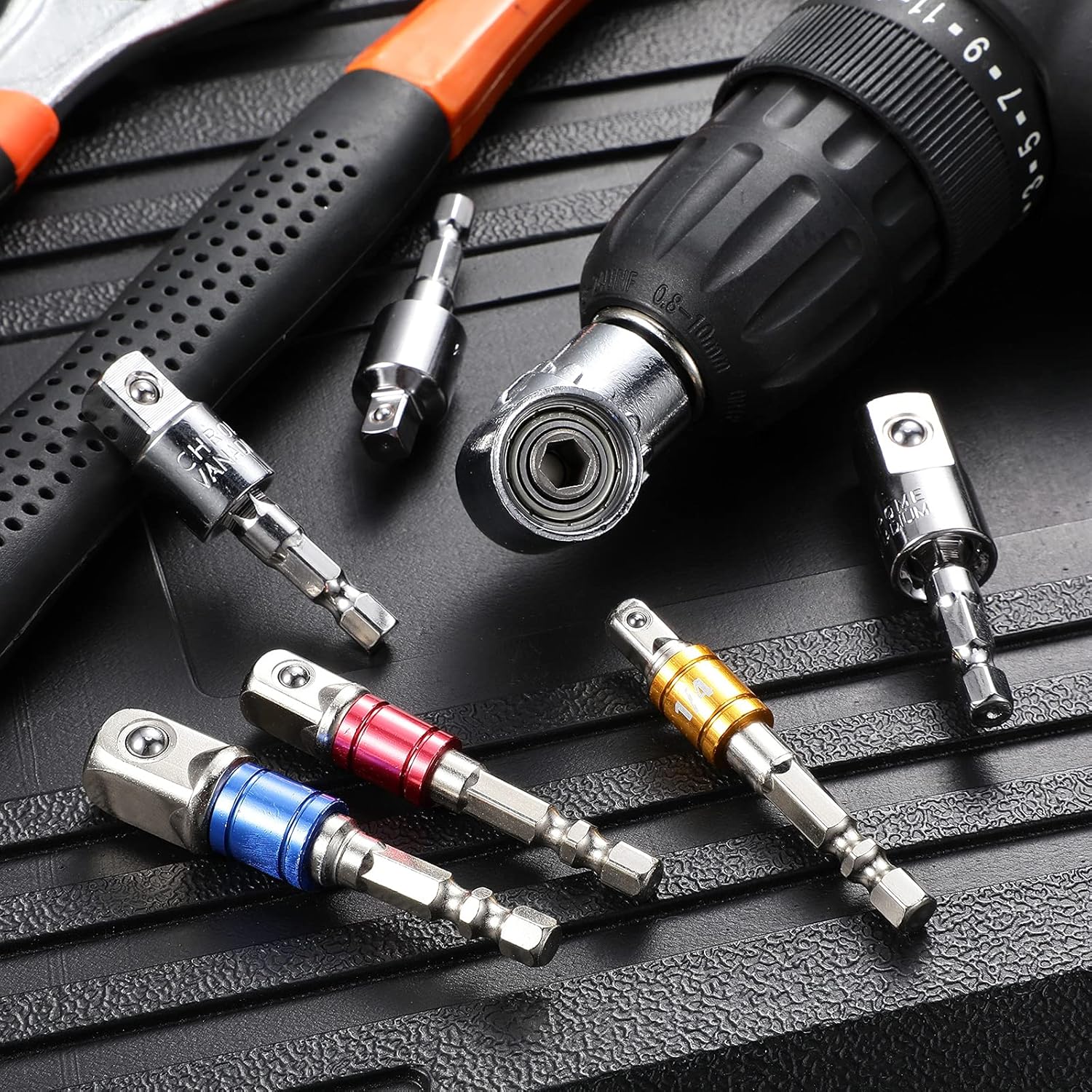 7 Pieces Power Drill Sockets Adapter Set, 3 Pieces 1/4 3/8 1/2 Inch Hex Shank Socket Adapter 3 Pieces 360 Degree Rotatable Impact Extension 1 Piece 105 Degree Right Angle Screwdriver Drill Bit