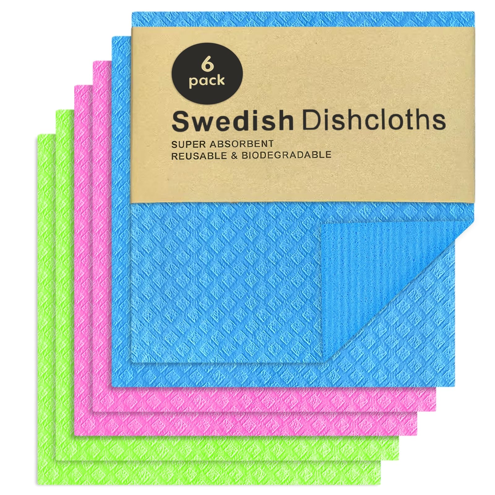 AMFUN 6 Pack Reusable Cleaning Cloths, Washable Swedish Dishcloth, Dish Cloths for Any Surface, Kitchen, Counters Washing Dishes, Highly Absorbent, Multi Colors