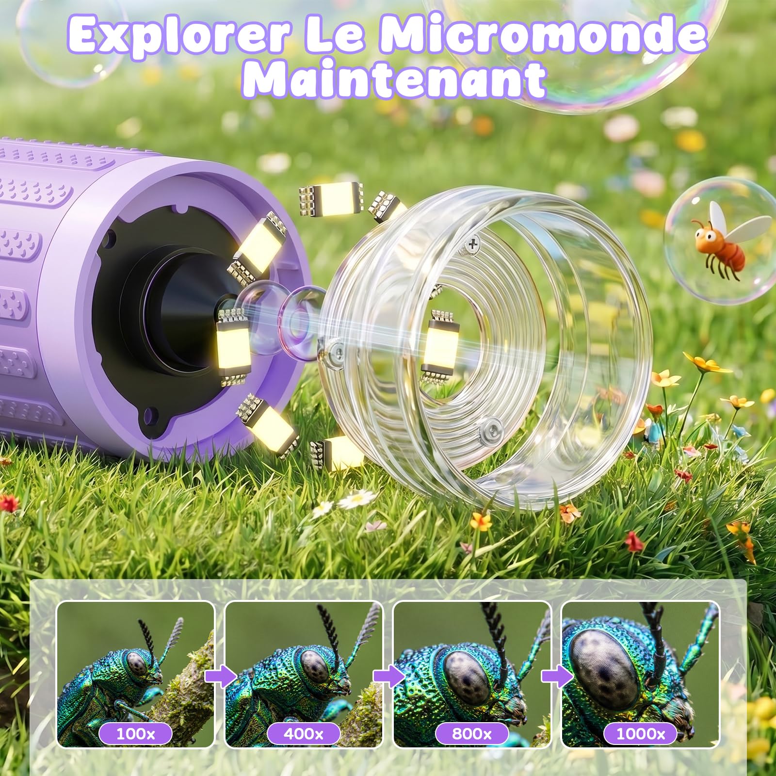 Microscope Numérique Enfants 1000x, Microscope Portable Enfants avec écran HD de 3 Pouces, Fonction Photo et Compatible PC pour Jardin, Forêt et Activités en Plein Air (Violet)