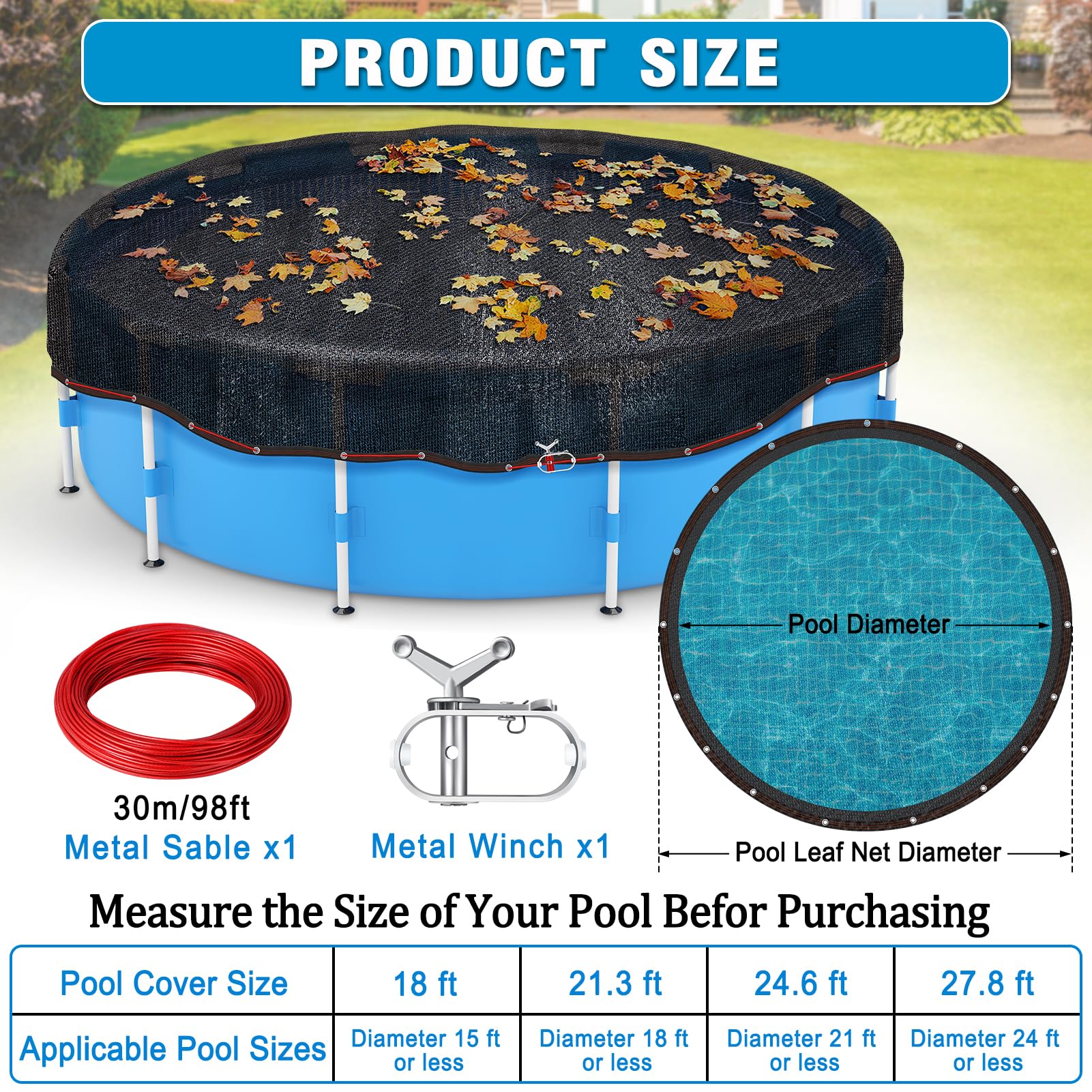 Bâche ronde de 7,6 m pour piscine hors sol, bâche de sécurité noire durable en maille avec treuil, câble avec treuil et câble pour feuilles et débris pour piscines rondes de 7,3 m