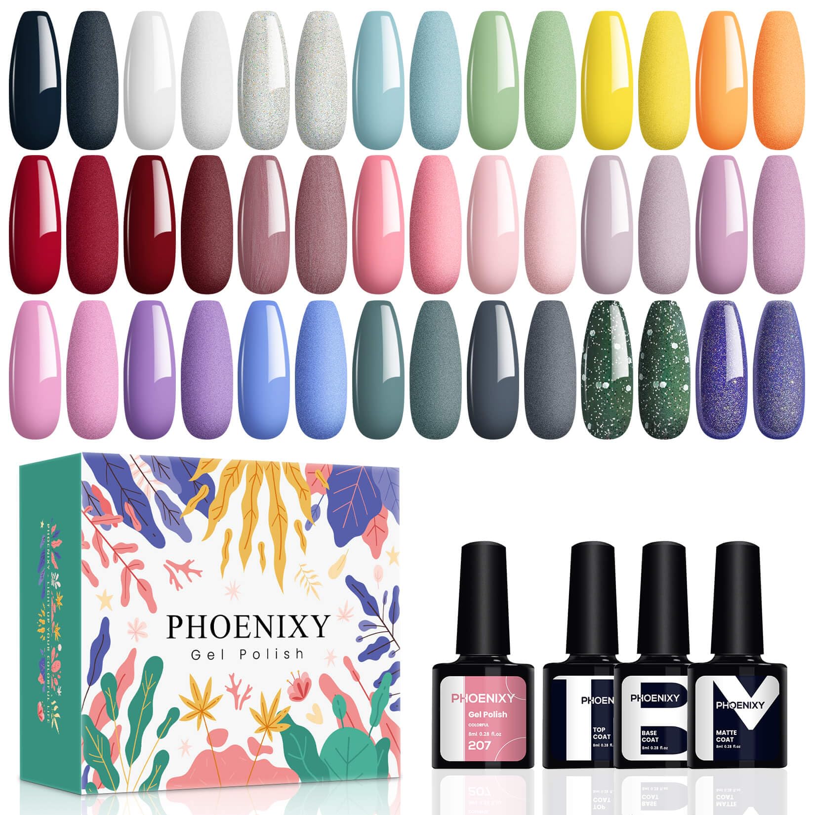 21 Colores Esmaltes Semipermanentes para Uñas Phoenixy 24pcs U V/LED Pintauñas Semipermanentes Vibrante con Base Top Coat Brillante y Mate Regalos para Mujeres