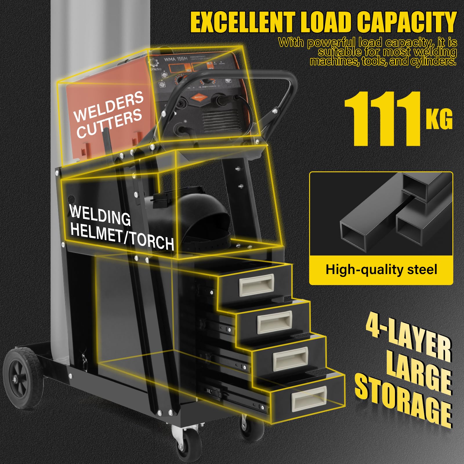 Schweißwagen 2 Ablageflächen mit 4 Schubladen – Max 111 kg, 2 Gasflaschenhalter mit Sicherheitsketten, 360°-Lenkrollen, Ideal für MIG/MAG, Wig und Elektrodenschweißen